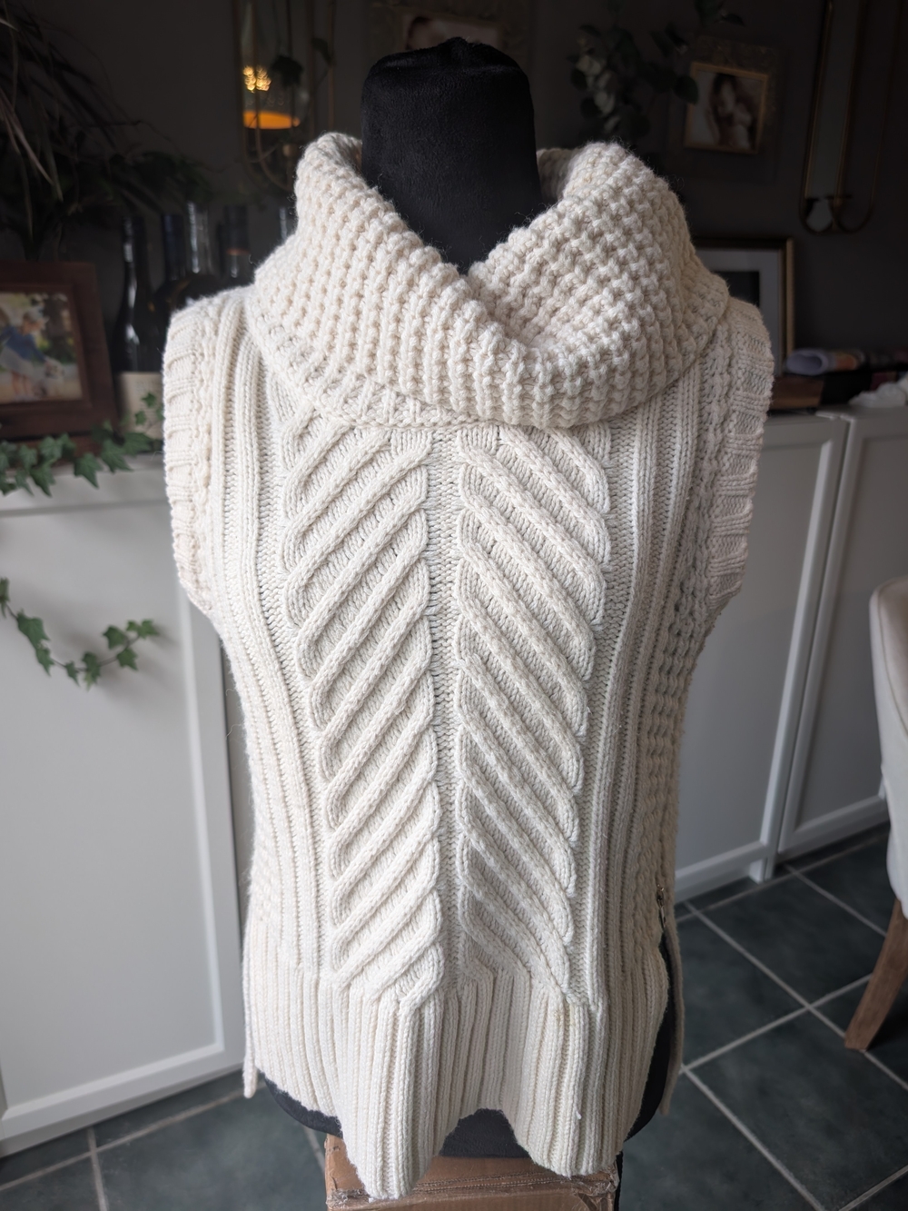 Cream Cable-Knit Sleeveless Cowl Neck Sweater